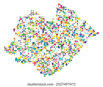 Symbol Map of the Province Pesaro e Urbino (Italy) showing the territory with a pattern of randomly distributed colorful squares of different sizes