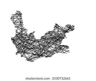 Mapa de símbolos da província Cabo Ocidental (África do Sul) mostrando o estado com linhas pretas cruzando, como paus Mikado ou uma teia de aranha