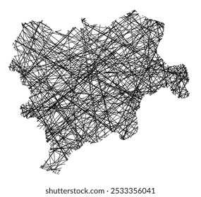 Symbolkarte der Provinz Albacete (Spanien), die den Staat mit schwarzen, kreuzenden Linien wie Mikado Sticks oder einem Spinnennetz zeigt