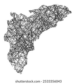 Symbolkarte der Provincia Alicante (Spanien), die den Staat mit schwarzen, sich kreuzenden Linien wie Mikado Sticks oder einem Spinnennetz zeigt