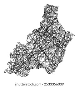 Symbolkarte der Provincia Almeria (Spanien), die den Staat mit schwarzen, sich kreuzenden Linien wie Mikado Sticks oder einem Spinnennetz zeigt