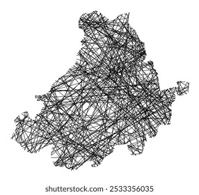 Symbolkarte der Provinz Avila (Spanien), die den Staat mit schwarzen, kreuzenden Linien wie Mikado Sticks oder einem Spinnennetz zeigt