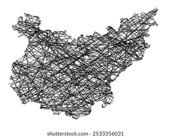 Mapa de símbolos da Provincia Badajoz (Espanha) mostrando o estado com linhas pretas, cruzando como Mikado Sticks ou uma teia de aranha