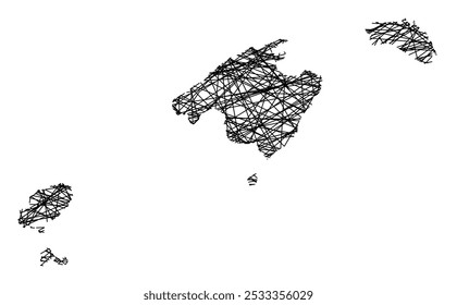 Symbolkarte der Provinz Baleares (Spanien), die den Staat mit schwarzen, sich kreuzenden Linien wie Mikado Sticks oder einem Spinnennetz zeigt