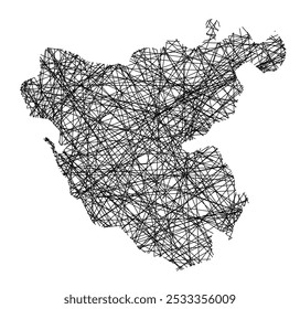 Mapa de símbolos da Provincia Cadiz (Espanha) mostrando o estado com linhas pretas cruzadas como Mikado Sticks ou uma teia de aranha