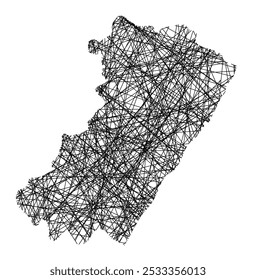 Symbol Map of the Provincia Castellon (Spain) showing the state with black, crossing lines like Mikado Sticks or a spider web