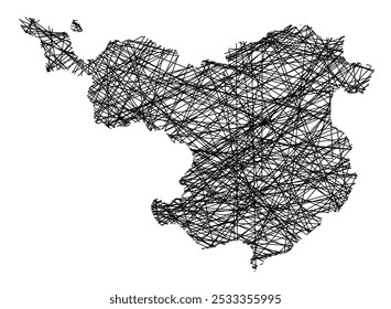 Symbol Map of the Provincia Gerona (Spain) showing the state with black, crossing lines like Mikado Sticks or a spider web