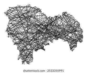 Symbolkarte der Provinz Guadalajara (Spanien), die den Staat mit schwarzen, sich kreuzenden Linien wie Mikado Sticks oder einem Spinnennetz zeigt