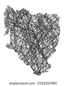 Mapa de Símbolos da Provincia Huesca (Espanha) mostrando o estado com linhas pretas, como paus Mikado ou uma teia de aranha