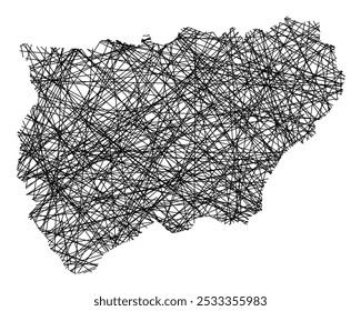 Symbolkarte der Provinz Jaen (Spanien), die den Staat mit schwarzen, kreuzenden Linien wie Mikado Sticks oder einem Spinnennetz zeigt