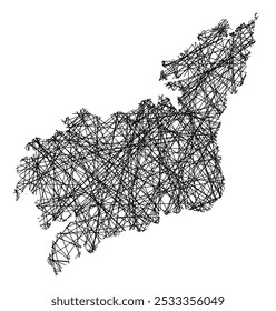 Mapa de Símbolos da Provincia La Coruna (Espanha) mostrando o estado com linhas pretas, cruzando como Mikado Sticks ou uma teia de aranha