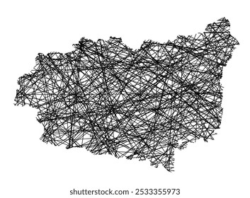 Symbolkarte der Provincia Leon (Spanien), die den Staat mit schwarzen, sich kreuzenden Linien wie Mikado Sticks oder einem Spinnennetz zeigt