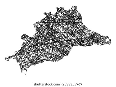 Symbolkarte der Provinz Malaga (Spanien), die den Staat mit schwarzen, kreuzenden Linien wie Mikado Sticks oder einem Spinnennetz zeigt