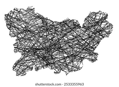 Symbolkarte der Provincia Orense (Spanien), die den Staat mit schwarzen, kreuzenden Linien wie Mikado Sticks oder einem Spinnennetz zeigt