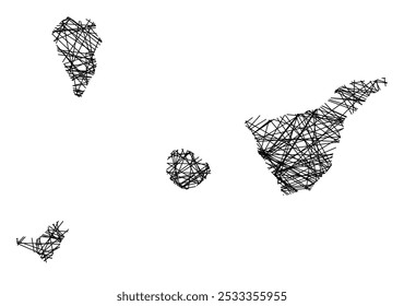 Symbolkarte der Provincia Santa Cruz de Tenerife (Spanien), die den Staat mit schwarzen, sich kreuzenden Linien wie Mikado Sticks oder einem Spinnennetz zeigt