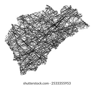 Symbolkarte der Provinz Segovia (Spanien), die den Staat mit schwarzen, kreuzenden Linien wie Mikado Sticks oder einem Spinnennetz zeigt