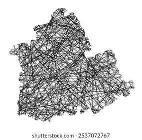 Symbolkarte der Provincia Sevilla (Spanien), die den Staat mit schwarzen, sich kreuzenden Linien wie Mikado Sticks oder einem Spinnennetz zeigt