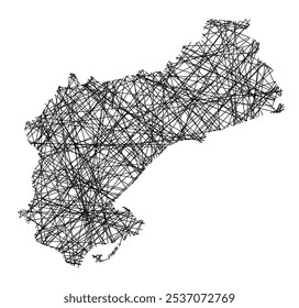 Symbolkarte der Provinz Tarragona (Spanien), die den Staat mit schwarzen, kreuzenden Linien wie Mikado Sticks oder einem Spinnennetz zeigt