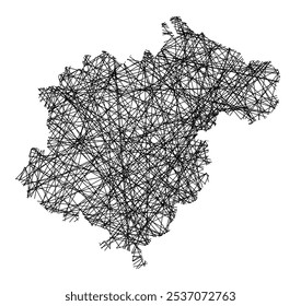 Symbolkarte der Provinz Teruel (Spanien), die den Staat mit schwarzen, sich kreuzenden Linien wie Mikado Sticks oder einem Spinnennetz zeigt