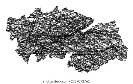 Symbolkarte der Provinz Toledo (Spanien), die den Staat mit schwarzen, sich kreuzenden Linien wie Mikado Sticks oder einem Spinnennetz zeigt