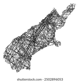 Mapa simbólico del Consejo Regional de Canterbury (Nueva Zelanda) que muestra el estado con líneas negras y cruzadas como Mikado Sticks o un Web de araña