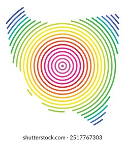 Mapa de símbolos do distrito especial de Jacarta Raya (Indonésia) mostrando o território com círculos concêntricos em cores arco-íris