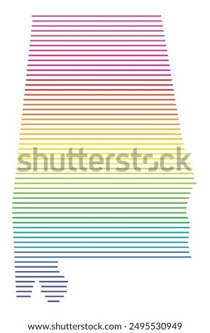 Symbol Map of the State Alabama (United States of America) showing the state with horizontal parallel lines in rainbow colors