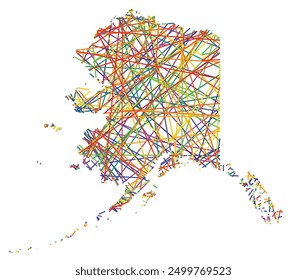 Symbol Map of the State Alaska (United States of America) showing the state with colored, crossing lines like Mikado Sticks or a spider web