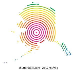 Mapa de Símbolos do Estado do Alasca (Estados Unidos da América) mostrando o estado com círculos concêntricos nas cores do arco-íris
