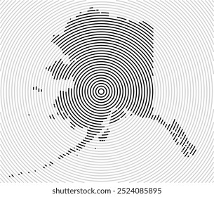 Mapa de símbolos do estado do Alasca (Estados Unidos da América) mostrando o estado com uma série de linhas pretas circulares sobre fundo branco