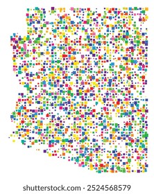 Mapa de símbolos do estado do Arizona (Estados Unidos) mostrando o estado com um padrão de quadrados coloridos distribuídos aleatoriamente de diferentes tamanhos