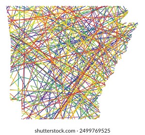 Symbol Map of the State Arkansas (United States of America) showing the state with colored, crossing lines like Mikado Sticks or a spider web