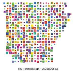 Symbol Map of the State Arkansas (United States of America) showing the state with a pattern of overlapping colorful squares like candies