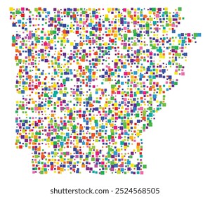 Symbol Map of the State Arkansas (United States of America) showing the state with a pattern of randomly distributed colorful squares of different sizes