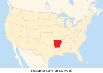 Symbol Map of the State Arkansas (United States of America) showing the Contiguous United States with the highlighted state