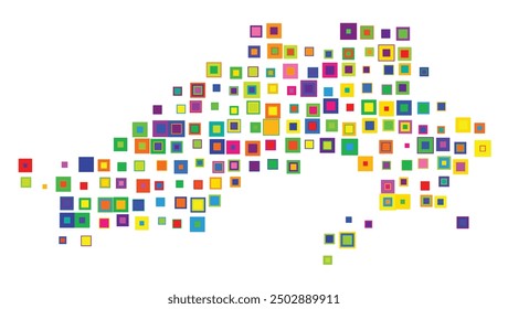 Mapa simbólico del estado de Arunachal Pradesh (India) que muestra el territorio con un patrón de cuadrados coloridos superpuestos como caramelos