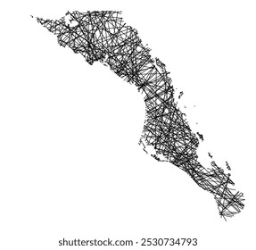 Symbol Map of the State Baja California Sur (Mexico) showing the state with black, crossing lines like Mikado Sticks or a spider web