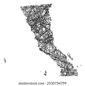 Symbol Map of the State Baja California (Mexico) showing the state with black, crossing lines like Mikado Sticks or a spider web