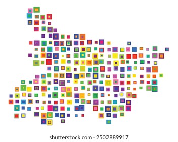 Symbolkarte des Bundesstaates Bihar (Indien), die das Territorium mit einem Muster überlappender bunter Quadrate wie Bonbons zeigt