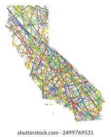 Symbol Map of the State California (United States of America) showing the state with colored, crossing lines like Mikado Sticks or a spider web