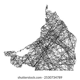 Symbolkarte des Bundesstaates Campeche (Mexiko) mit schwarzen, kreuzenden Linien wie Mikado Sticks oder einem Spinnennetz