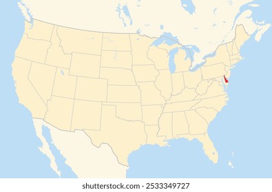 Mapa de símbolos do Estado de Delaware (Estados Unidos da América) mostrando os Estados Unidos contíguos com o estado destacado