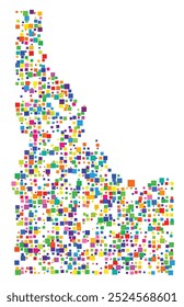 Symbol Map of the State Idaho (United States of America) showing the state with a pattern of randomly distributed colorful squares of different sizes