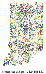 Symbol Map of the State Indiana (United States of America) showing the state with a pattern of randomly distributed colorful squares of different sizes