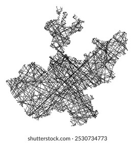 Symbolkarte des Bundesstaates Jalisco (Mexiko), die den Bundesstaat mit schwarzen, sich kreuzenden Linien wie Mikado Sticks oder einem Spinnennetz zeigt