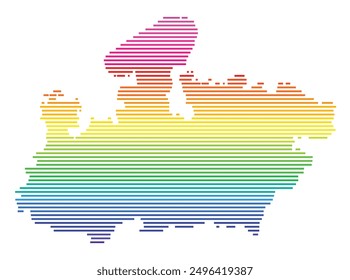 Mapa simbólico del estado de Madhya Pradesh (India) que muestra el territorio con líneas paralelas Horizontales en colores del arco iris