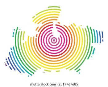 Mapa de símbolos do Estado Madhya Pradesh (Índia) mostrando o território com círculos concêntricos em cores arco-íris