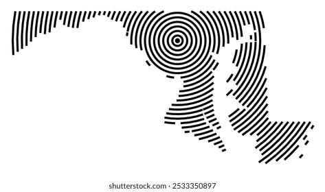 Symbol Map of the State Maryland (United States of America) showing the state with a series of circular black lines on white background