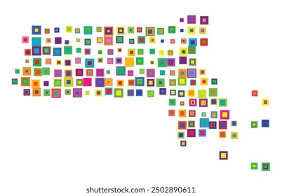 Symbol Map of the State Massachusetts (United States of America) showing the state with a pattern of overlapping colorful squares like candies