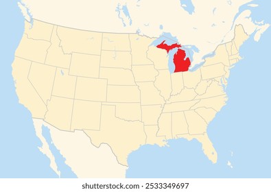 Symbol Map of the State Michigan (United States of America) showing the Contiguous United States with the highlighted state
